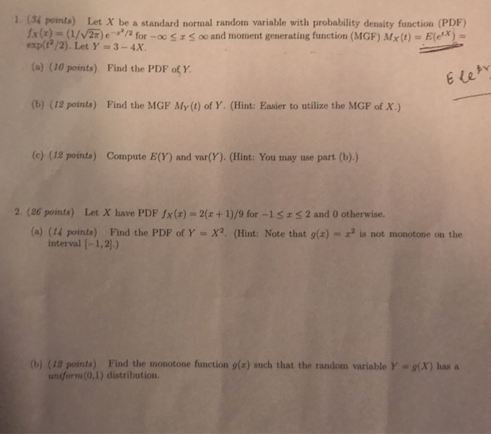 Solved 1 (34 Points) Let X Be A Standard Normal Random | Chegg.com ...