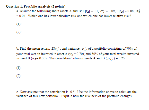 Solved Question 1. Portfolio Analysis (2 points) a. Assume | Chegg.com