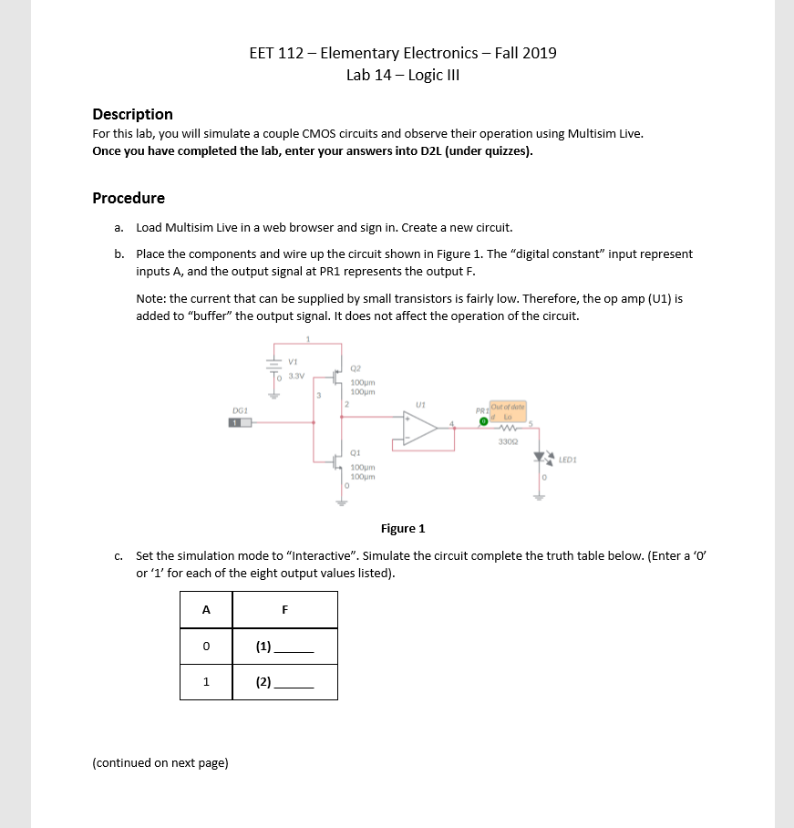 EET 112 - Elementary Electronics - Fall 2019 Lab 14 - | Chegg.com