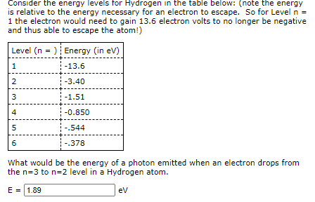 Solved Consider the energy levels for Hydrogen in the table | Chegg.com