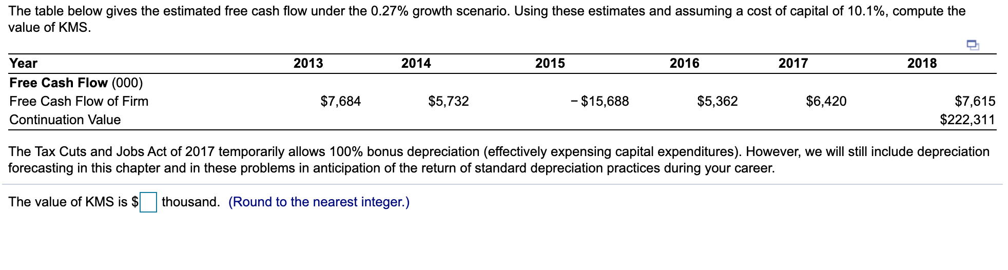 Solved The table below gives the estimated free cash flow | Chegg.com