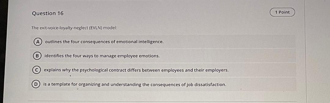 Solved Question 16 1 1 Point The exit-voice-loyalty-neglect | Chegg.com