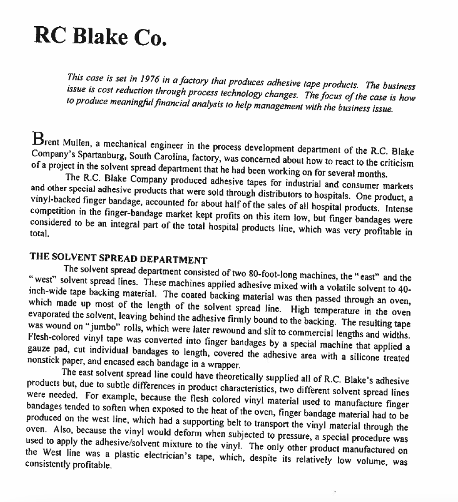 RC Blake Co. This case is set in 1976 in a factory | Chegg.com