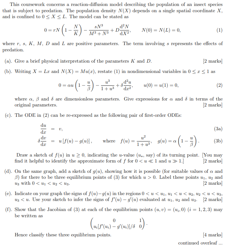 This Coursework Concerns A Reaction Diffusion Model Chegg Com