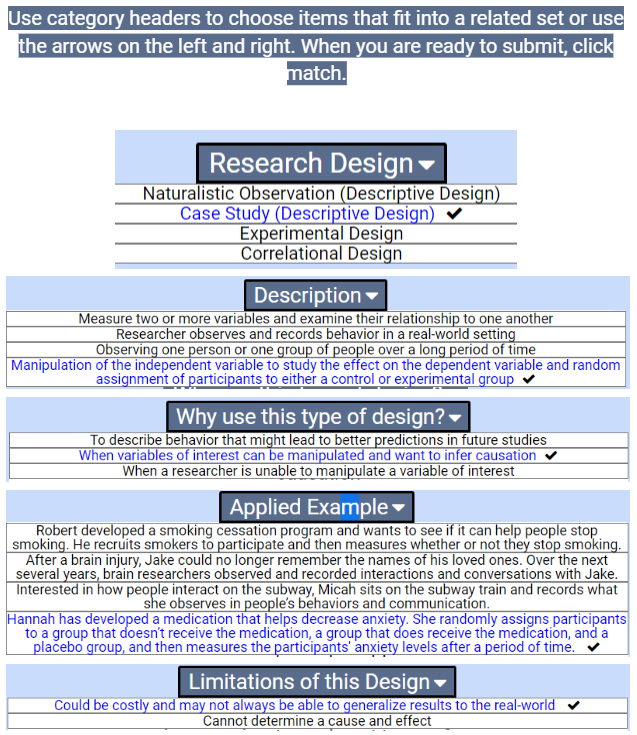 Use category headers to choose items that fit into a