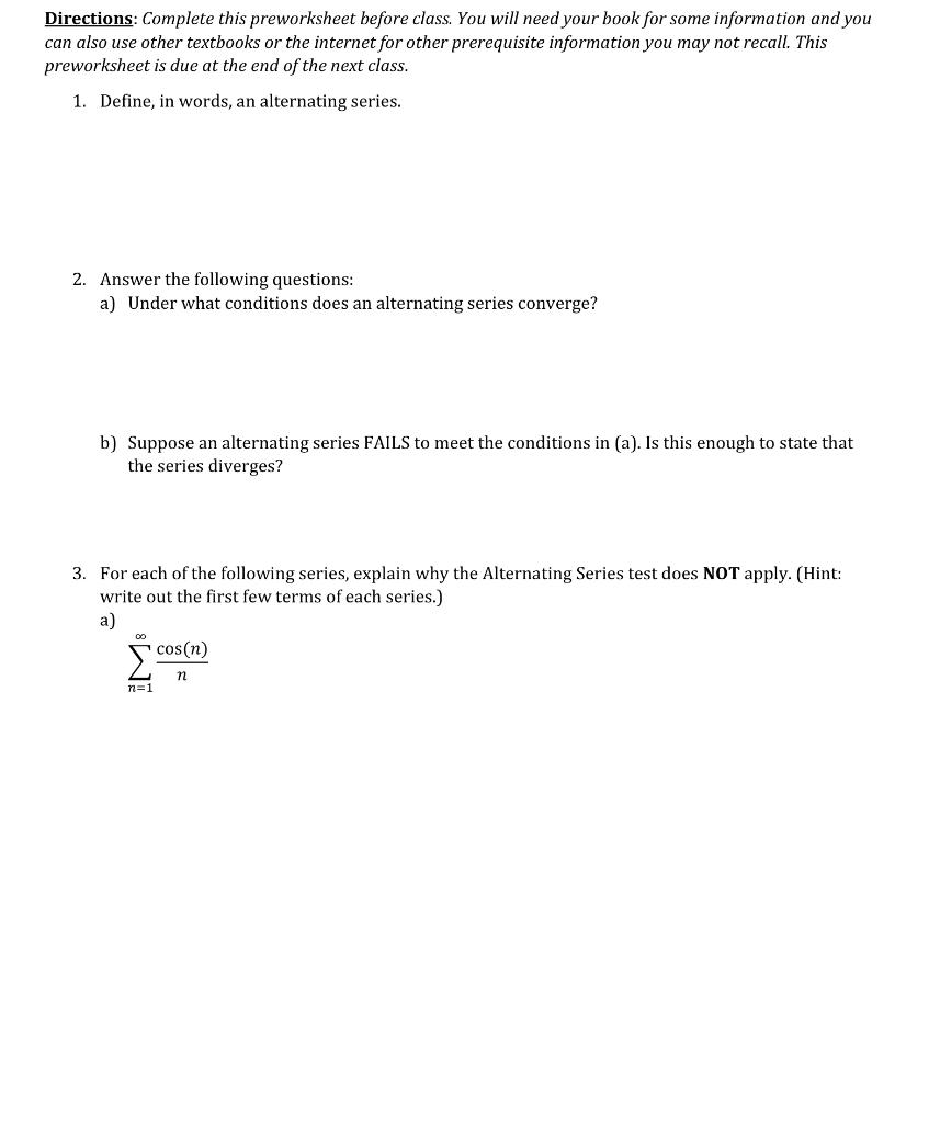 Solved Directions: Complete this preworksheet before class. | Chegg.com