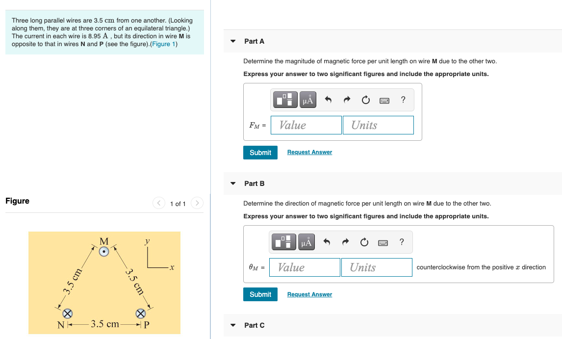 Solved Three long parallel wires are 3.5 cm from one