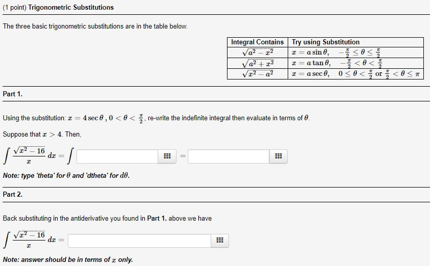 Solved (1 Point) Trigonometric Substitutions The Three Basic | Chegg.com