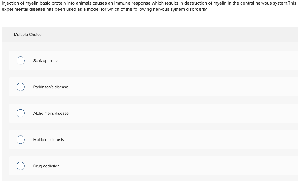 Solved Injection of myelin basic protein into animals causes | Chegg.com