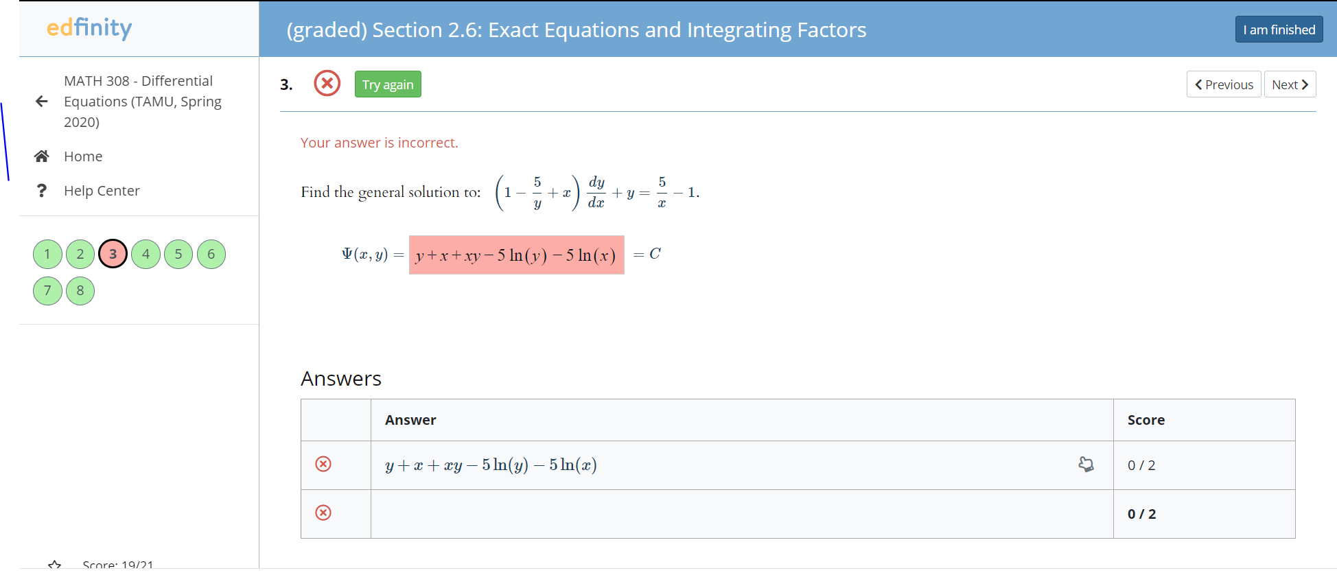 Solved edfinity (graded) Section 2.6: Exact Equations and | Chegg.com
