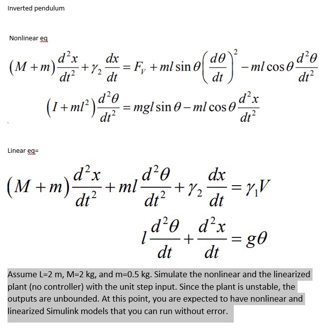 Inverted pendulum Nonlinear eg d2xdr dt dag dt M +m | Chegg.com