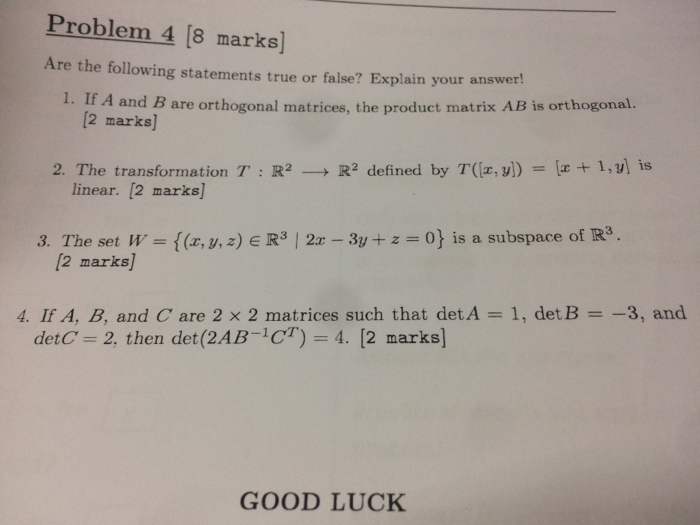 Solved Problem 4 [8 Marks) Are The Following Statements True | Chegg.com