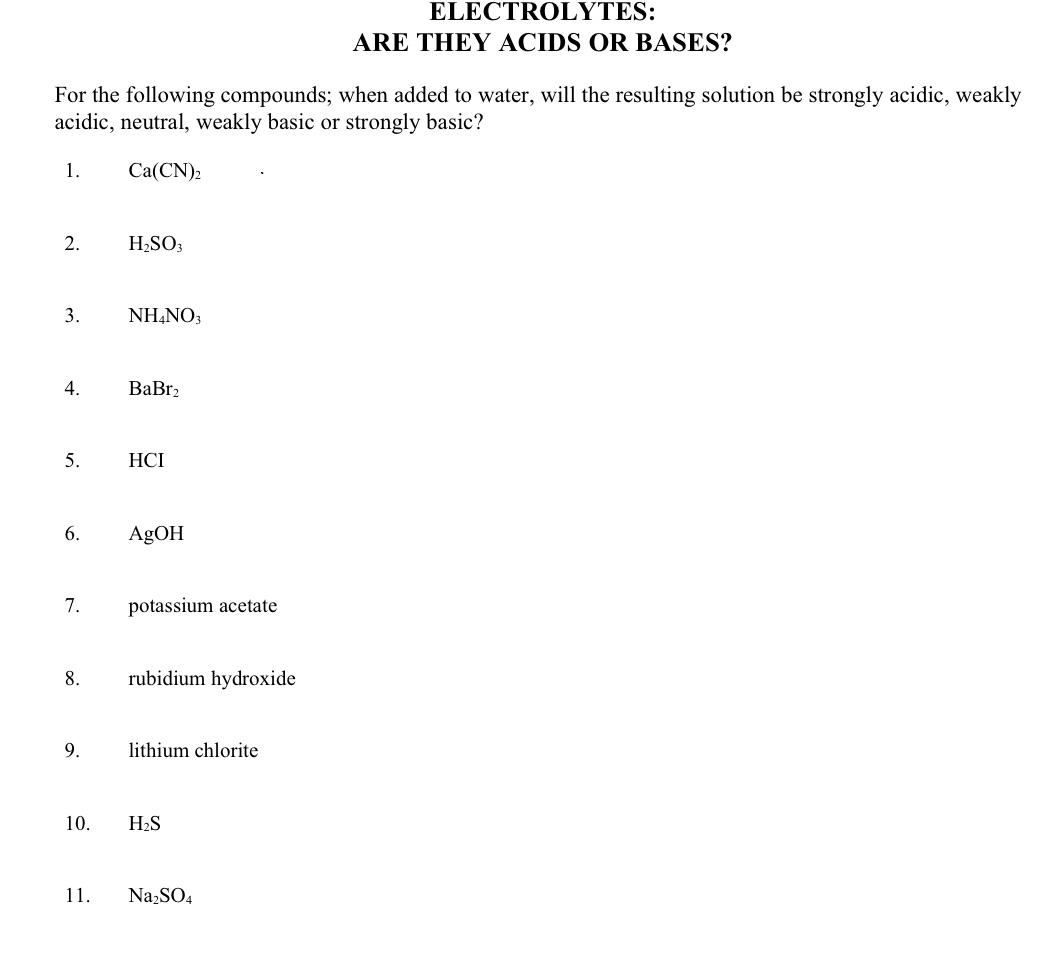 Solved ARE THEY ACIDS OR BASES? For the following compounds; | Chegg.com