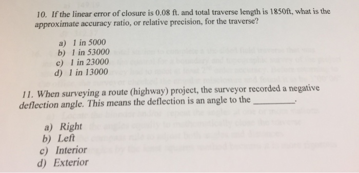 Solved If the linear error of closure is 0.08 ft. and total | Chegg.com