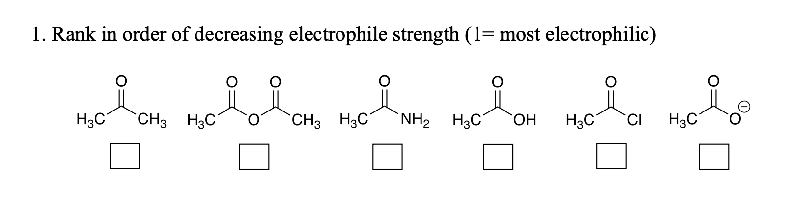 Solved 1. Rank in order of decreasing electrophile strength | Chegg.com
