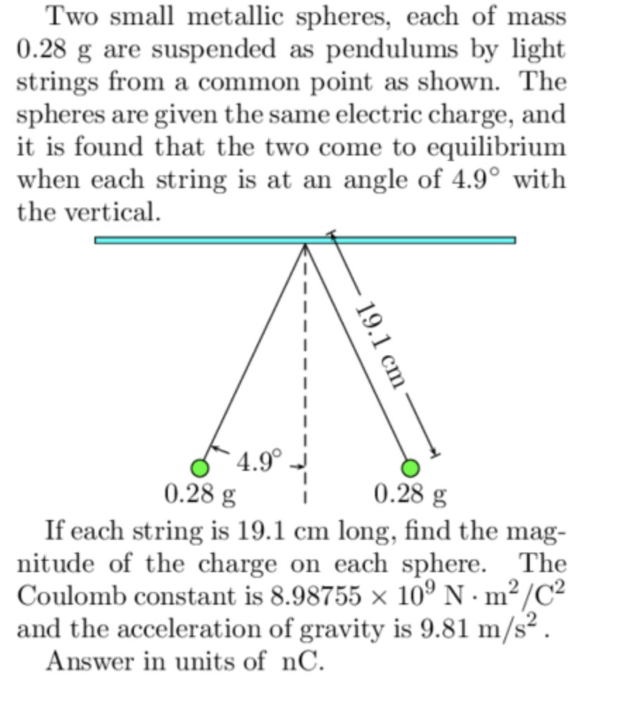 Solved Two small metallic spheres, each of mass 0.28 g are