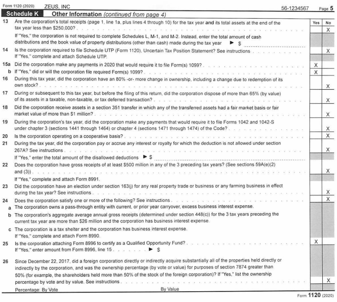 Form 1120 (2020) ZEUS, INC 56-1234567 Page 2 | Chegg.com