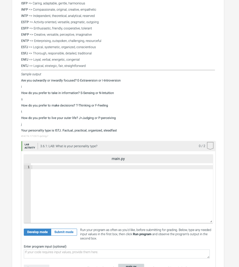 Solved IN PYTHON PLZ 3.6 LAB: What is your personality | Chegg.com