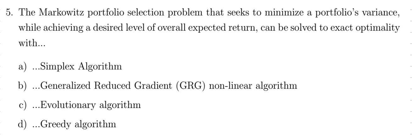 Solved 5. The Markowitz Portfolio Selection Problem That | Chegg.com