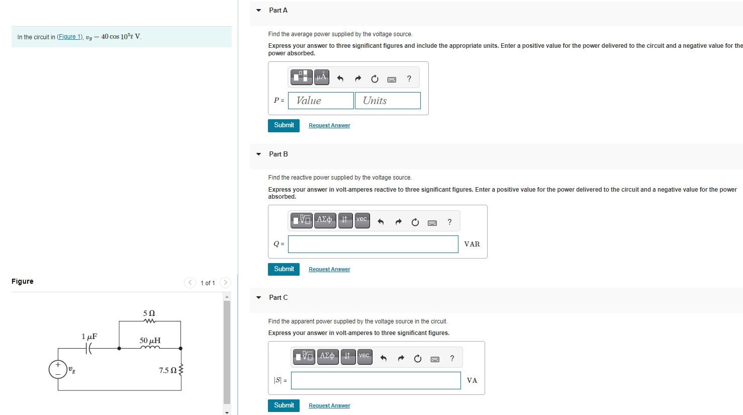 Solved In the circuit in (Figure 1), vg=40cos105t V Find the | Chegg.com