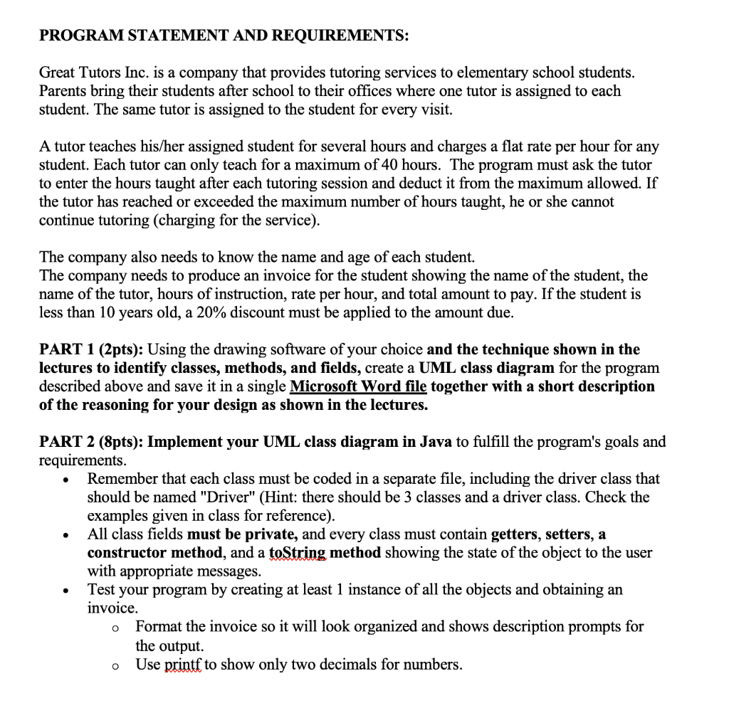 What Is Program Statement Solved PROGRAM STATEMENT AND REQUIREMENTS: Great Tutors Inc. | Chegg.com