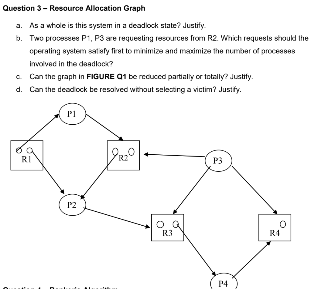 Question 3 – Resource Allocation Graph a. As a whole is this system in a deadlock state? Justify. b. Two processes P1, P3 are