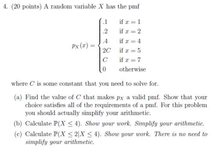Solved 4. (20 points) A random variable X has the pmf .1 2 | Chegg.com