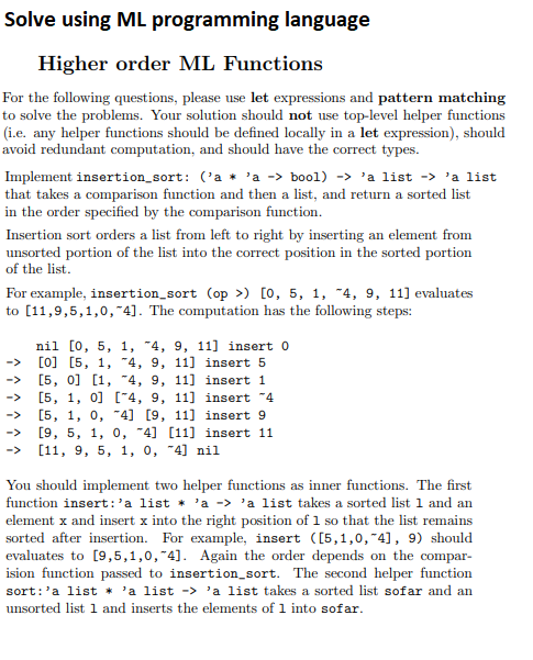Solve using ML programming language Higher order ML | Chegg.com
