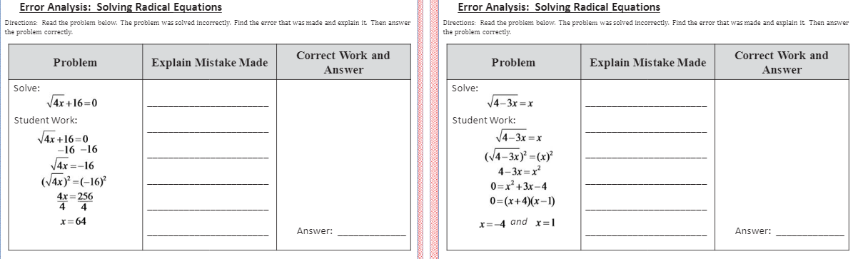 Solved Error Analysis: Solving Radical Equations Directions: | Chegg.com