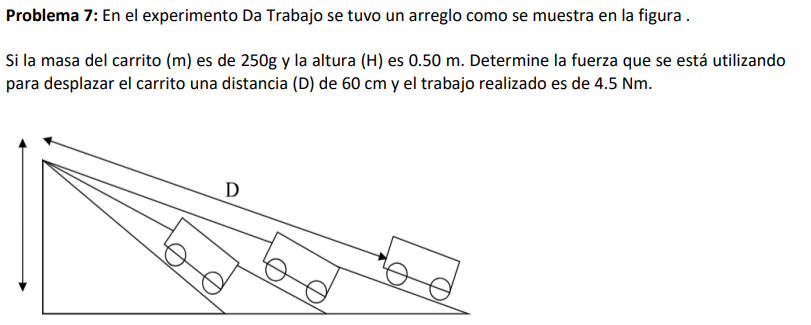 Problema 7: En el experimento Da Trabajo se tuvo un arreglo como se muestra en la figura. Si la masa del carrito \( (\mathrm{