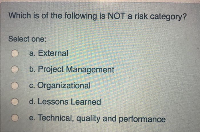 Solved Which is of the following is NOT a risk category? | Chegg.com