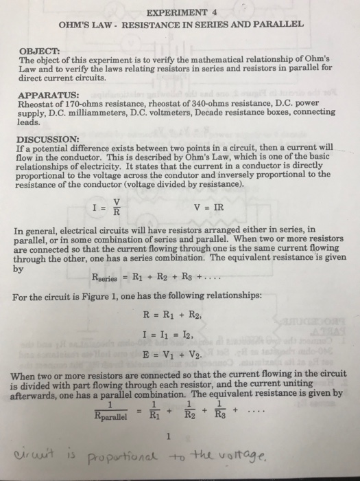 Solved EXPERIMENT 4 OHM'S LAW-RESISTANCE IN SERIES AND | Chegg.com