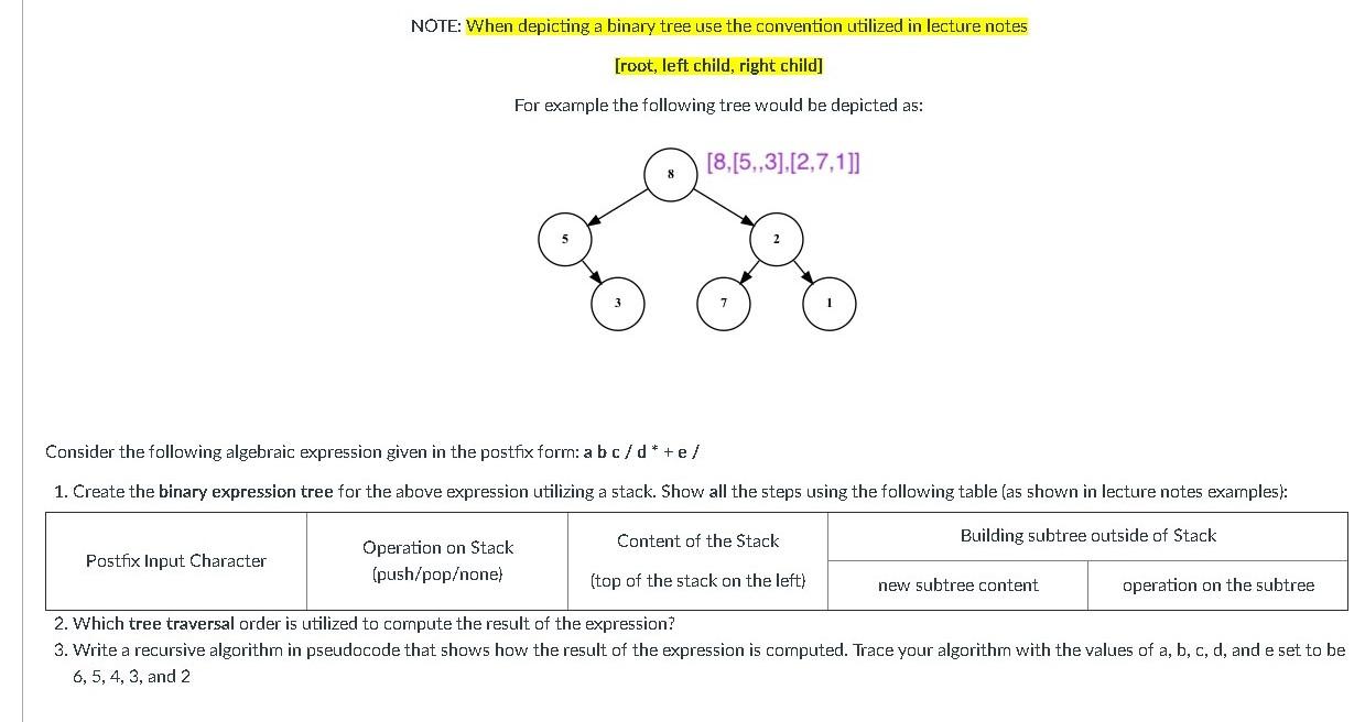 Solved NOTE: When depicting a binary tree use the convention | Chegg.com
