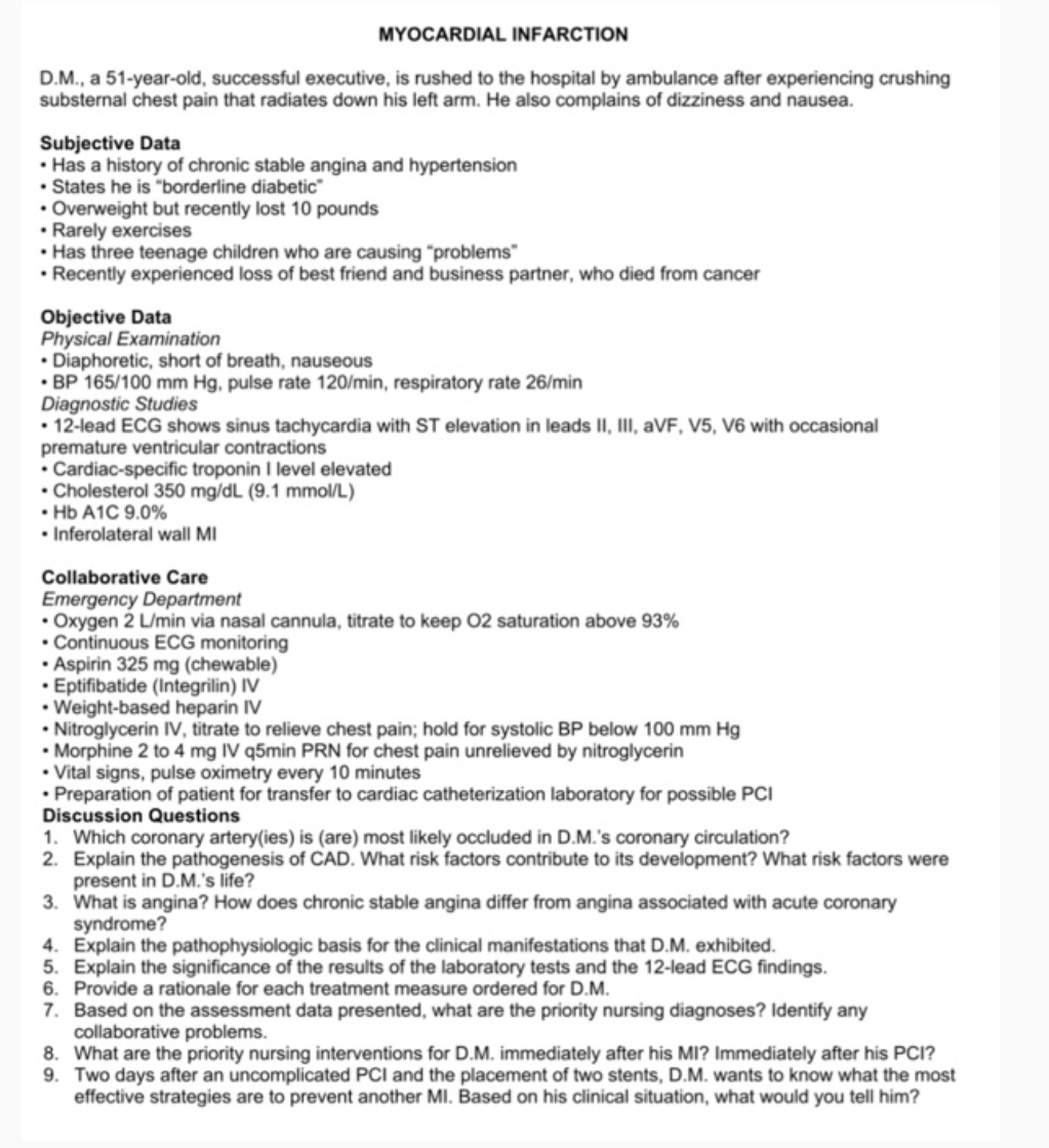 Solved MYOCARDIAL INFARCTIOND.M., ﻿a 51-year-old, successful | Chegg.com
