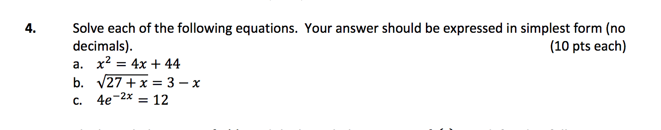 Solved 4. Solve each of the following equations. Your answer | Chegg.com