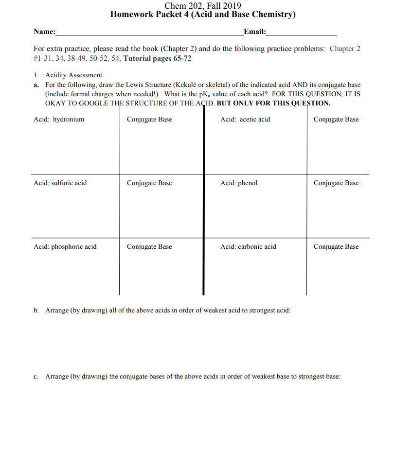 Chem 202, Fall 2019 Homework Packet 4 (Acid and Base | Chegg.com
