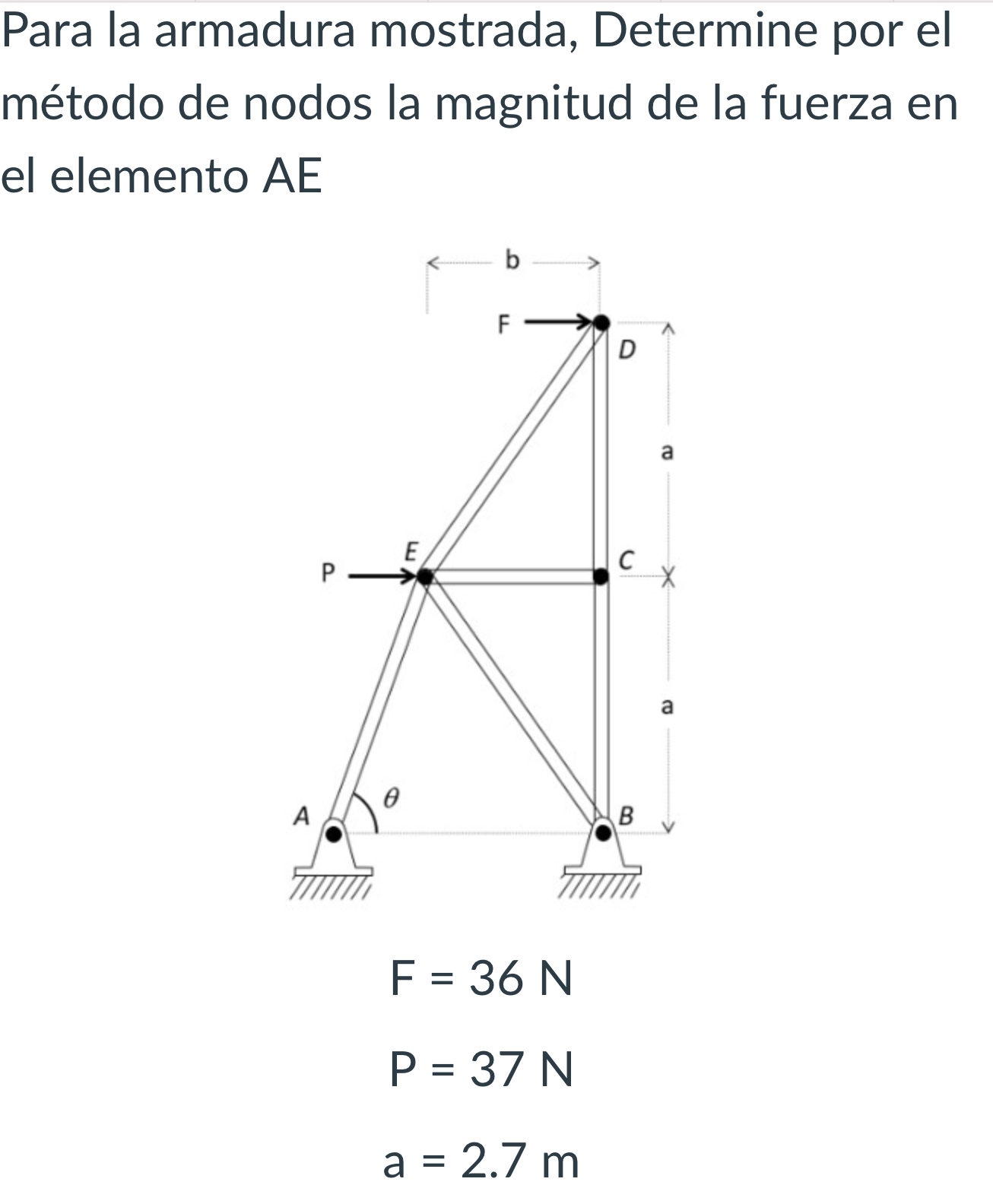 Para la armadura mostrada, Determine por el método de nodos la magnitud de la fuerza en el elemento \( \mathrm{AE} \) \[ \beg