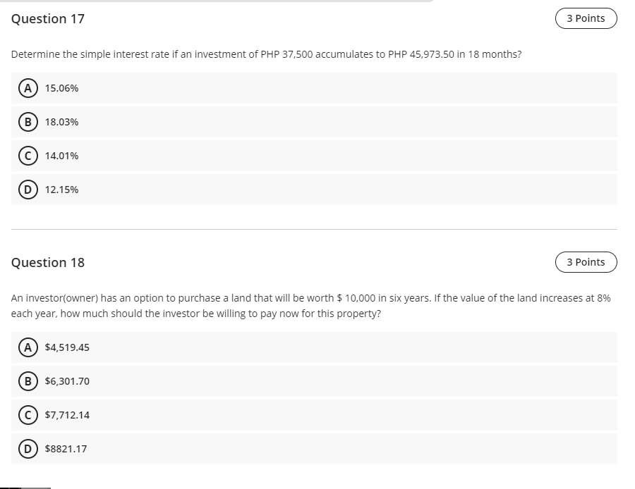 Solved Question 17 3 Points Determine the simple interest | Chegg.com