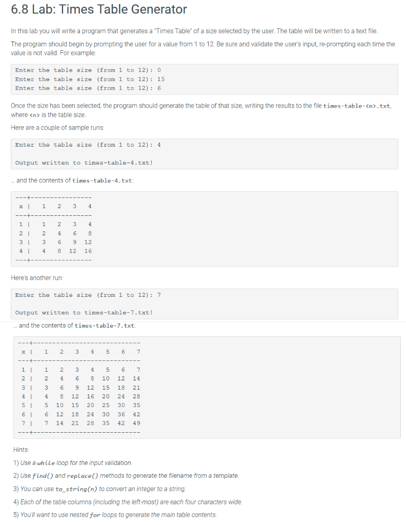 Solved 6.8 Lab: Times Table Generator In this lab you will | Chegg.com