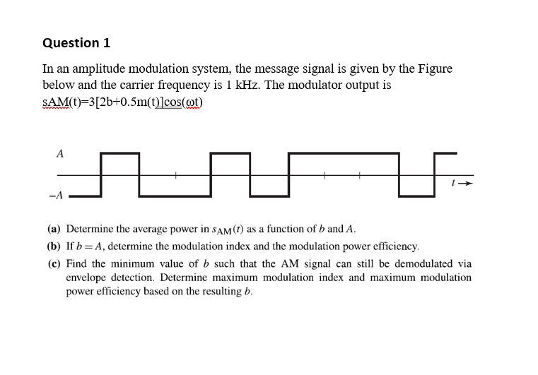 Solved Question 1 In an amplitude modulation system, the | Chegg.com