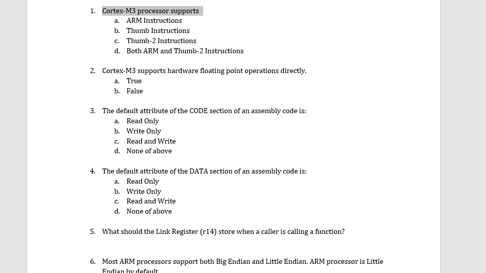 1. Cortex-M3 Processor Supports A. ARM Instructions | Chegg.com