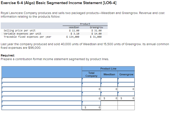 Solved Exercise 6-4 (Algo) Basic Segmented Income Statement | Chegg.com