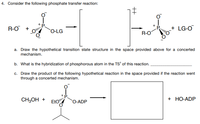 4. Consider the following phosphate transfer reaction:
a. Draw the hypothetical transition state structure in the space provi