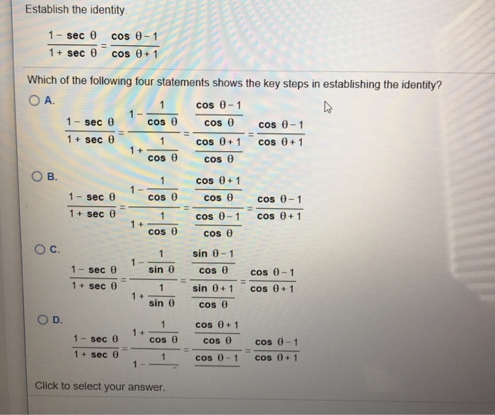 Solved Establish the identity 1 sec COs -1 1 sec 0 cos 0+1 | Chegg.com