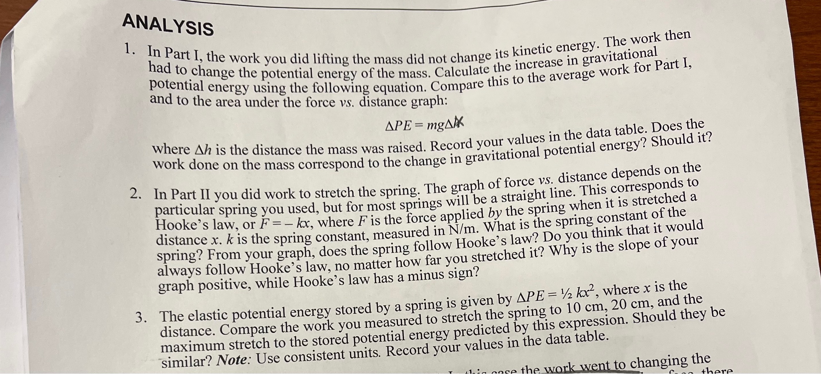 Solved AINALYSIS 1. In Part I, the work you did lifting the | Chegg.com