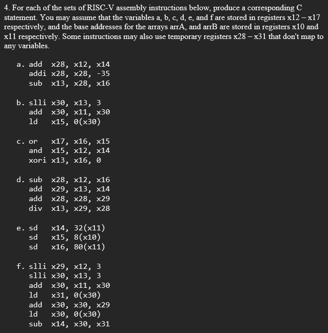 Solved 4. For each of the sets of RISC-V assembly | Chegg.com