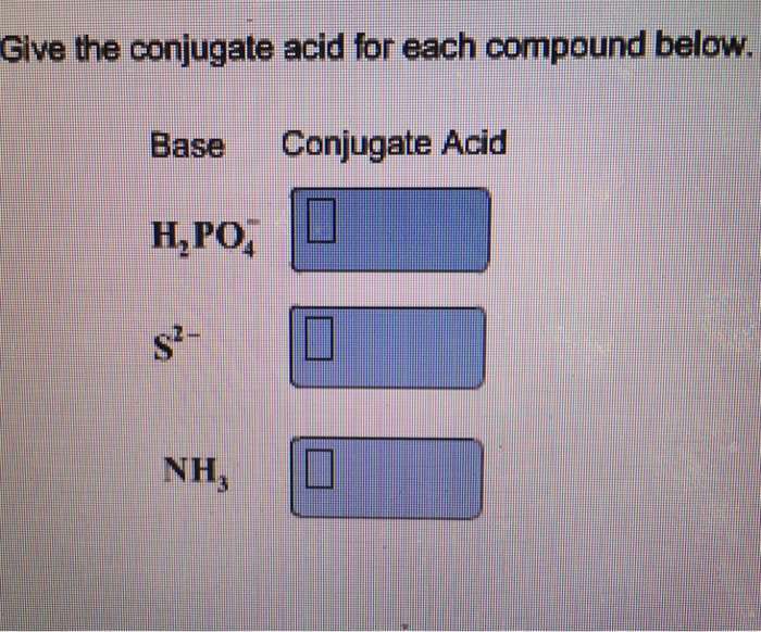 Solved Give the conjugate acid for each compound below Base