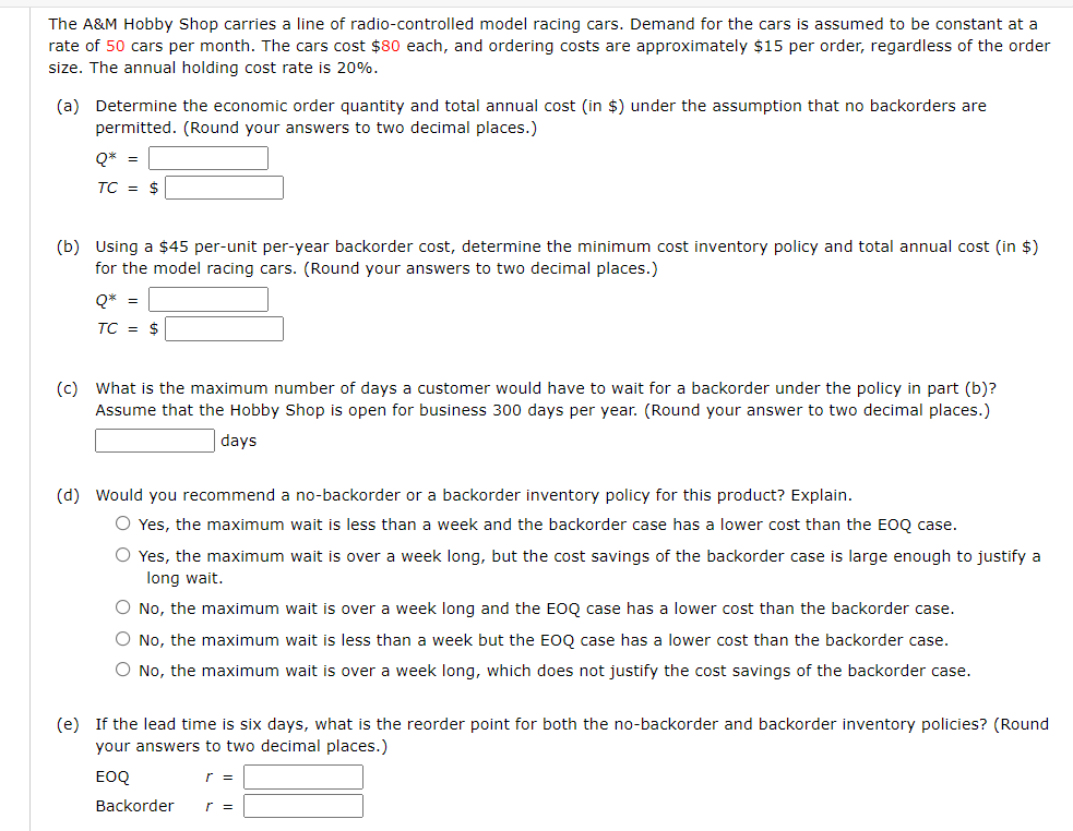 Solved The A&M Hobby Shop carries a line of radiocontrolled