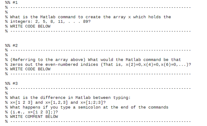 Solved %% #1 % % % What is the Matlab command to create the | Chegg.com