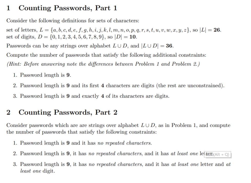 Solved 1 Counting Passwords, Part 1 Consider the following | Chegg.com